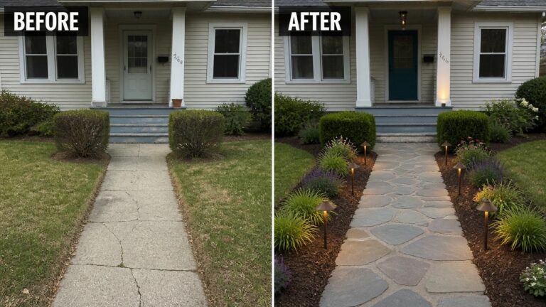 24 Elegant Front Yard Remodel Ideas With Lighting and Landscaping Before and after of house with new teal door, stone path and garden lights
