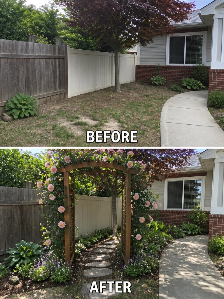 Before and after backyard with rose-covered archway and stepping stones added.