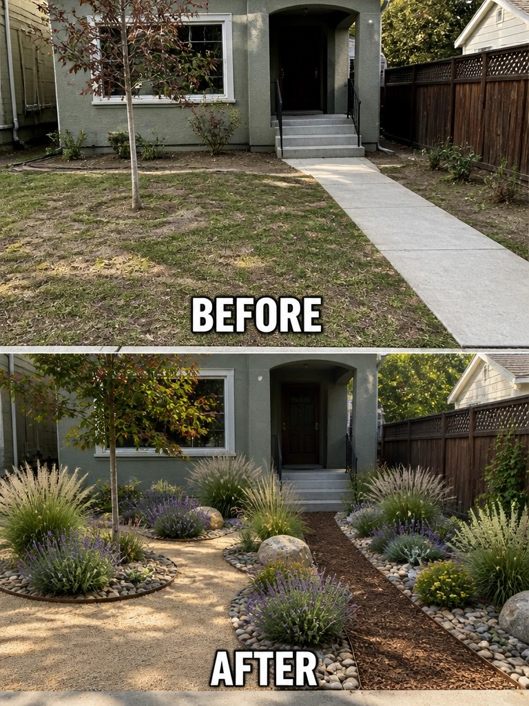 Before and after house yard with new plants, rocks, and mulch landscaping