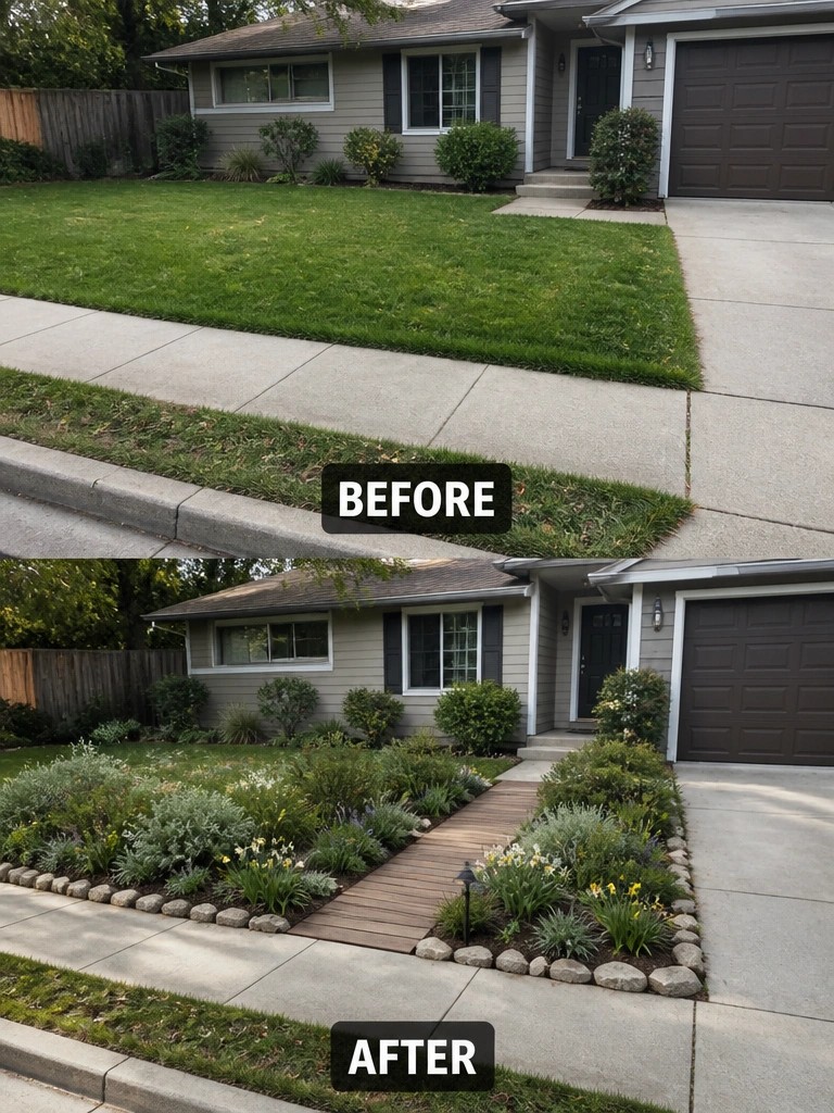 Before and after of suburban house yard transformed from lawn to garden with path.