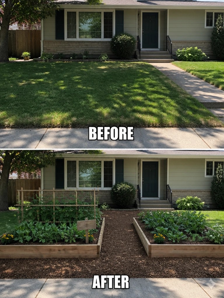 Before-and-after image of a front yard where a plain lawn was replaced with two raised wooden garden beds filled with plants and mulch.