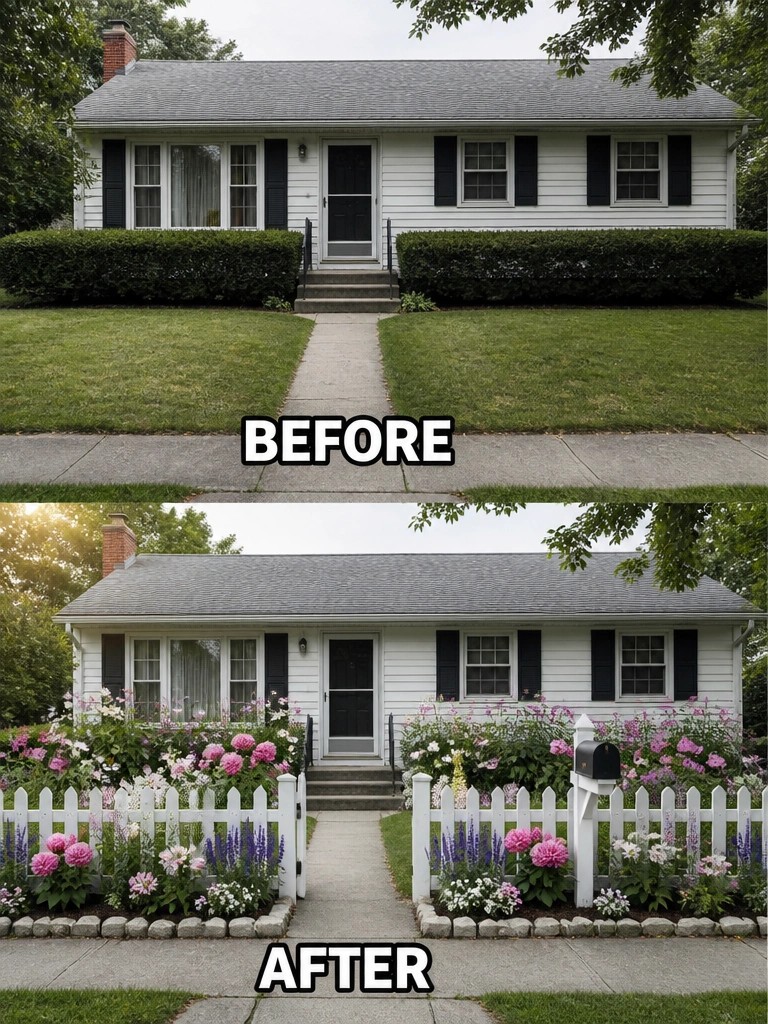 Before and after of white house with new colorful flower garden and picket fence
