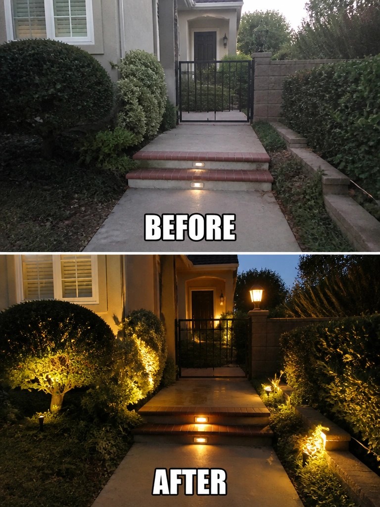 Before and after of lit house entrance with pathway and garden lights at night.