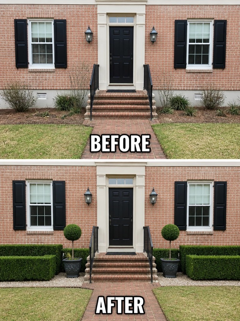 Before-and-after brick house entrance with added topiaries, hedges, and gravel landscaping.