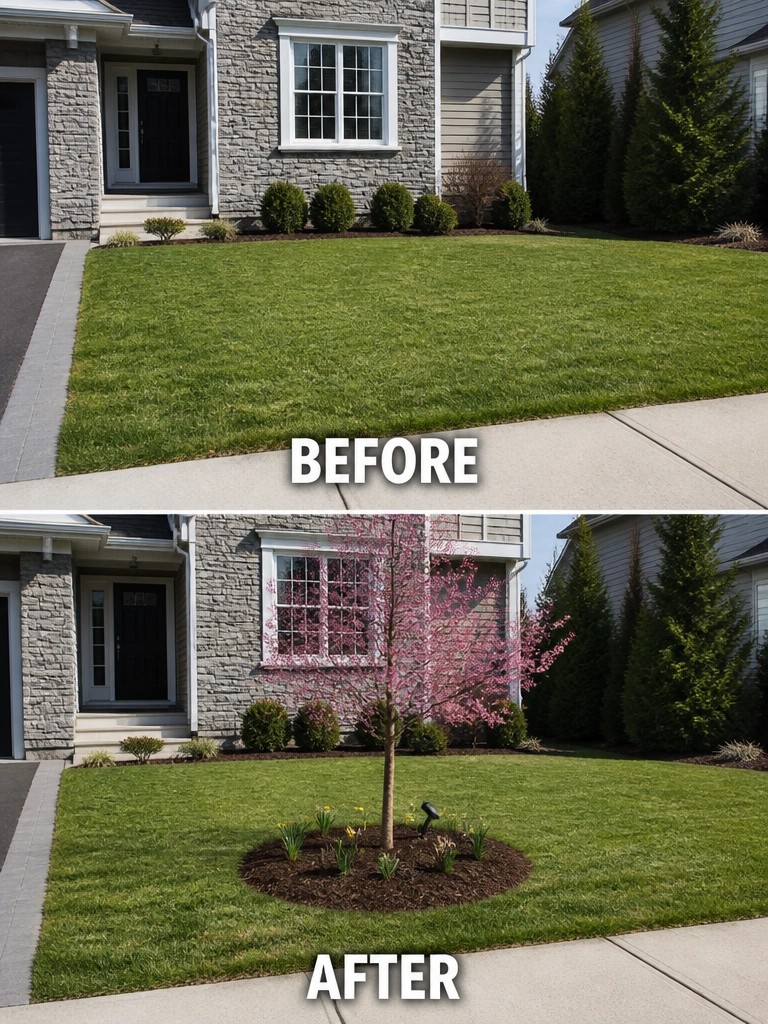 Before and after of house lawn with pink flowering tree added in mulch bed.