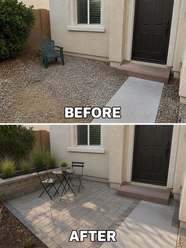 Before-and-after image of a gravel front entry area changed into a paved patio with seating and added plants.