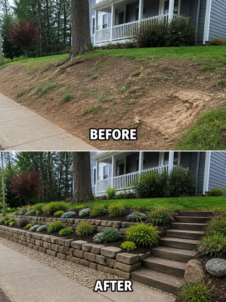 Before-and-after image of an eroded front yard slope changed with stone retaining walls, planted beds, and wooden steps.