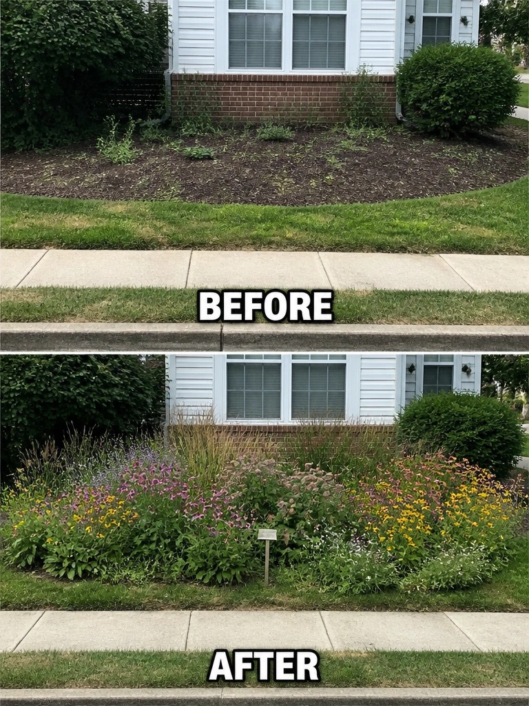 Before-and-after image of a bare front yard foundation bed changed into a full garden with layered flowers and ornamental grasses.
