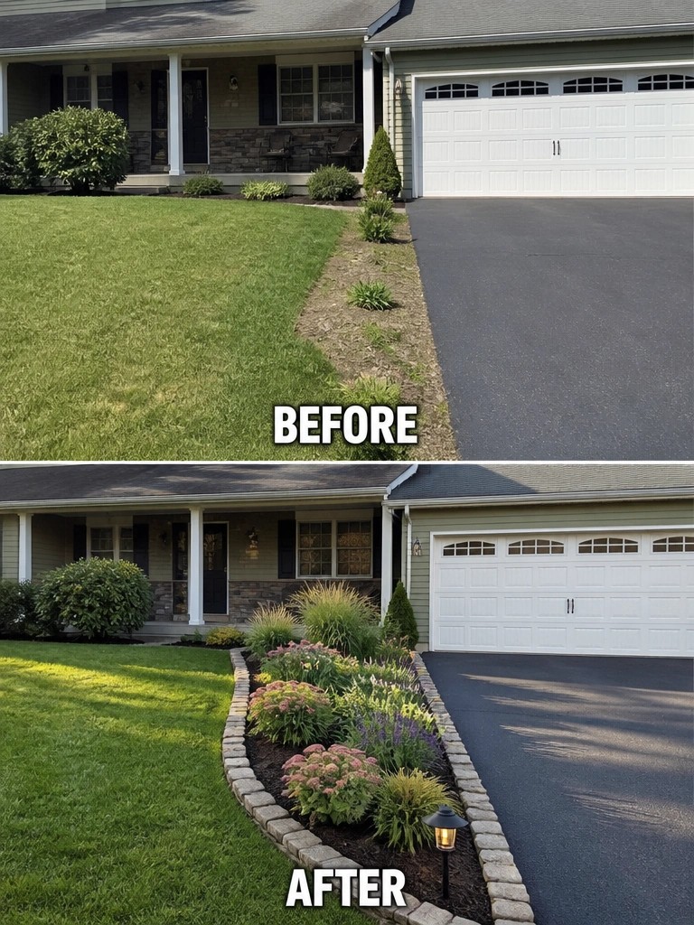 Before-and-after image of a front yard where a plain lawn edge became a curved stone-bordered garden bed filled with colorful plants.