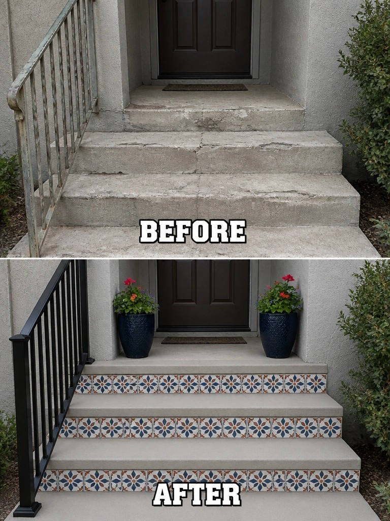 Before-and-after image of concrete front steps updated with patterned tile on the risers, new planters, and a black railing.