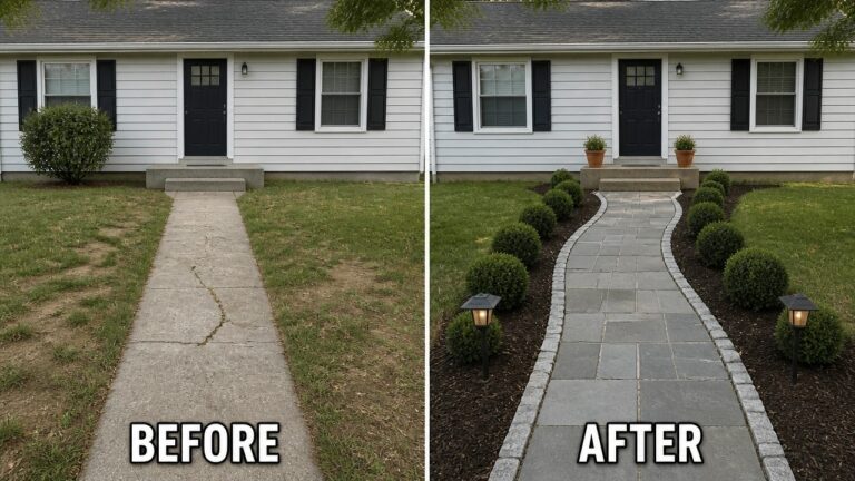 23 Fresh Front Yard Makeover Ideas for A More Welcoming Home Before and after house entrance with cracked path upgraded to stone walkway and landscaping