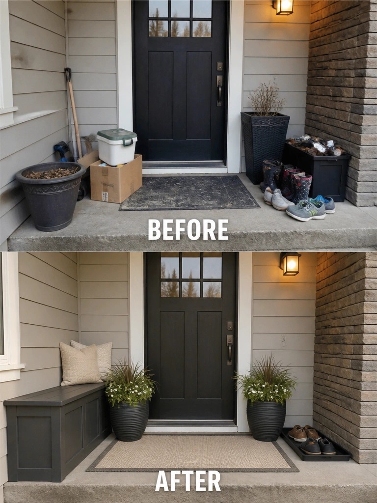 Before-and-after front porch: cluttered entry transformed with bench, planters, and organized shoes.
