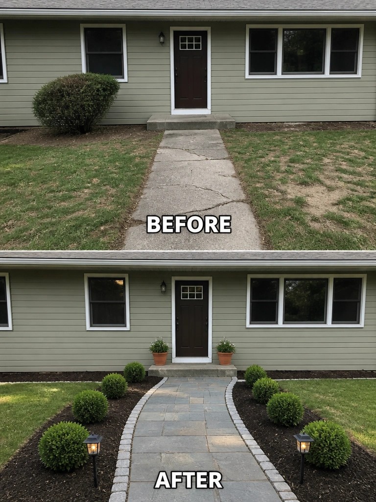 Before and after house entrance with cracked path upgraded to stone walkway and landscaping