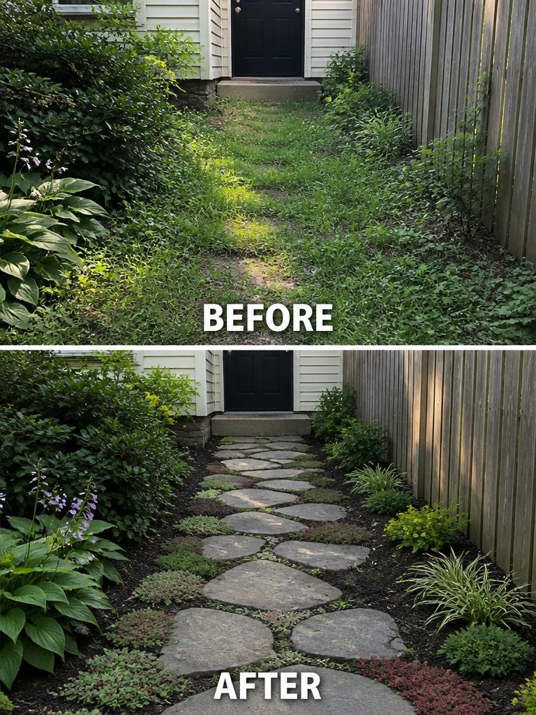 Before and after of overgrown path transformed into stone walkway with plants