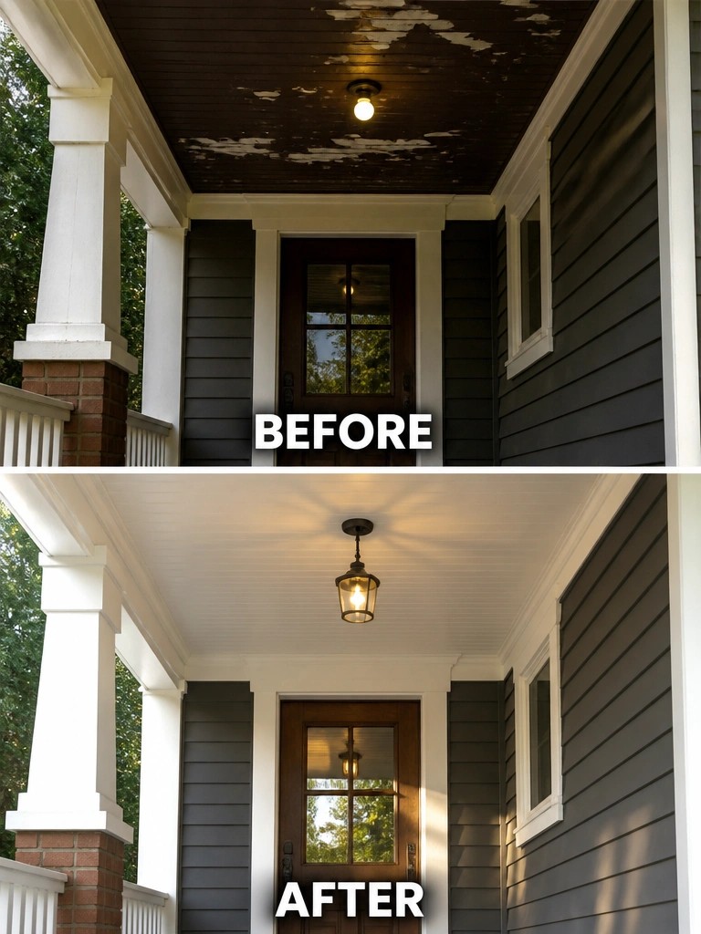 Before-and-after image of a front porch showing a peeling dark ceiling and basic light changed to a fresh white ceiling with a lantern-style fixture.