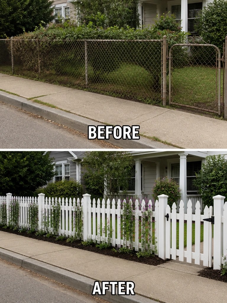 Before-and-after comparison of chain-link fence replaced by flowering white picket fence along sidewalk.