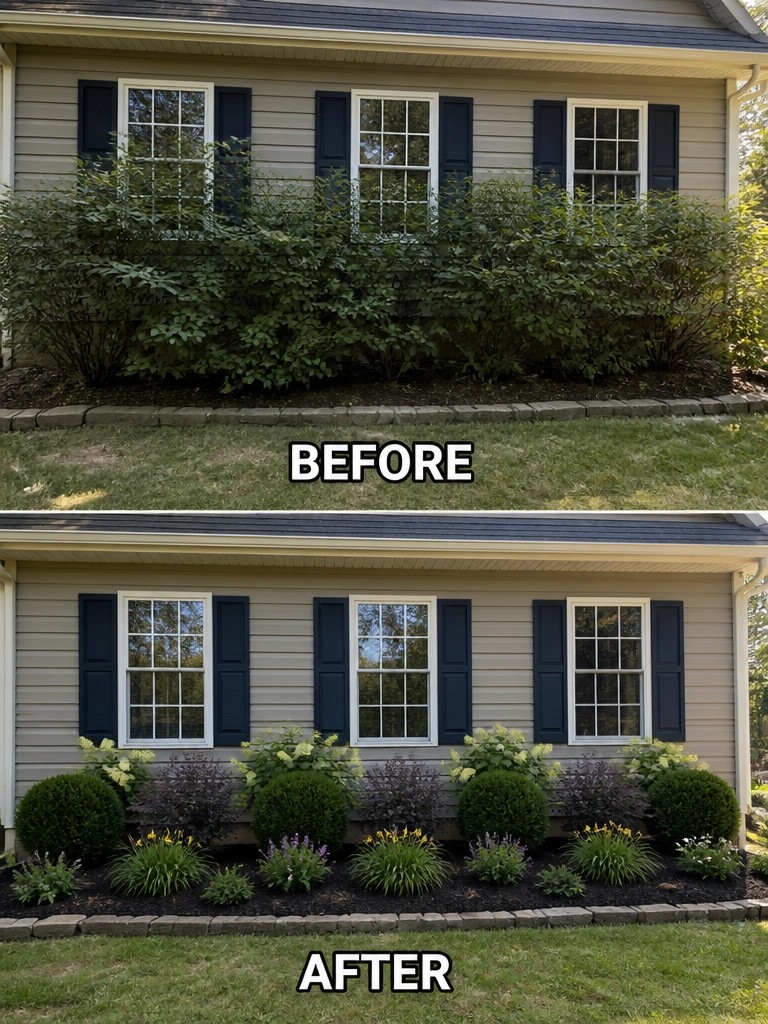Before-and-after house landscaping: overgrown bushes replaced by colorful manicured shrubs and flowers.