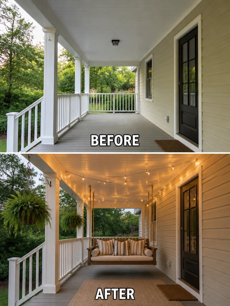 Before and after porch with string lights, swing, plants, and rug added
