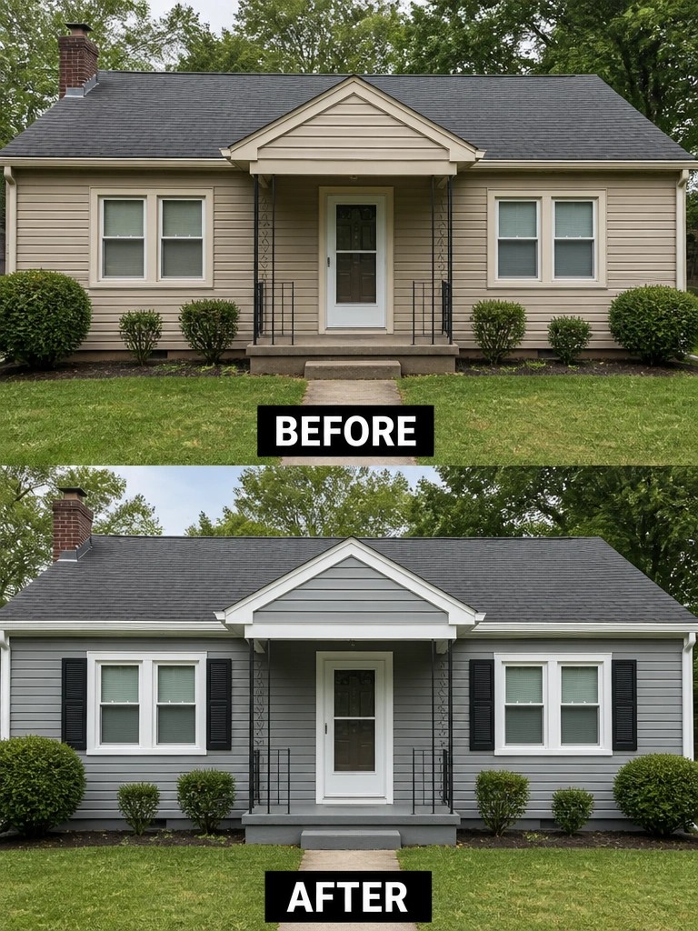 Before-and-after house exterior repainted gray with added black shutters and white trim