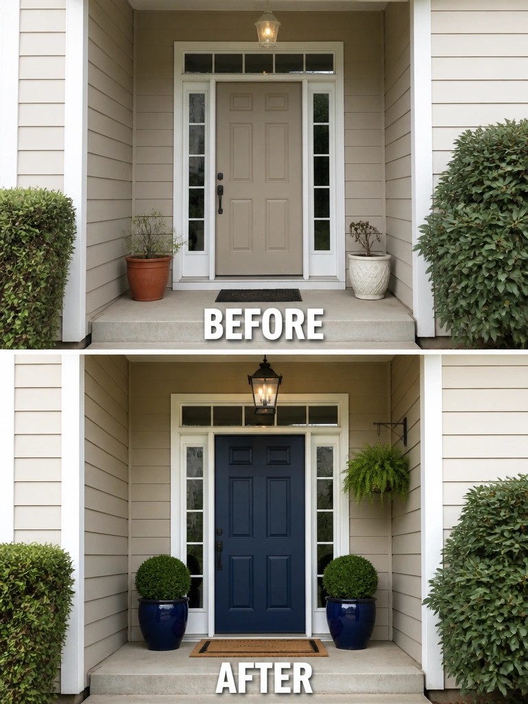 Front door entrance before beige and after navy blue with new planters and lights