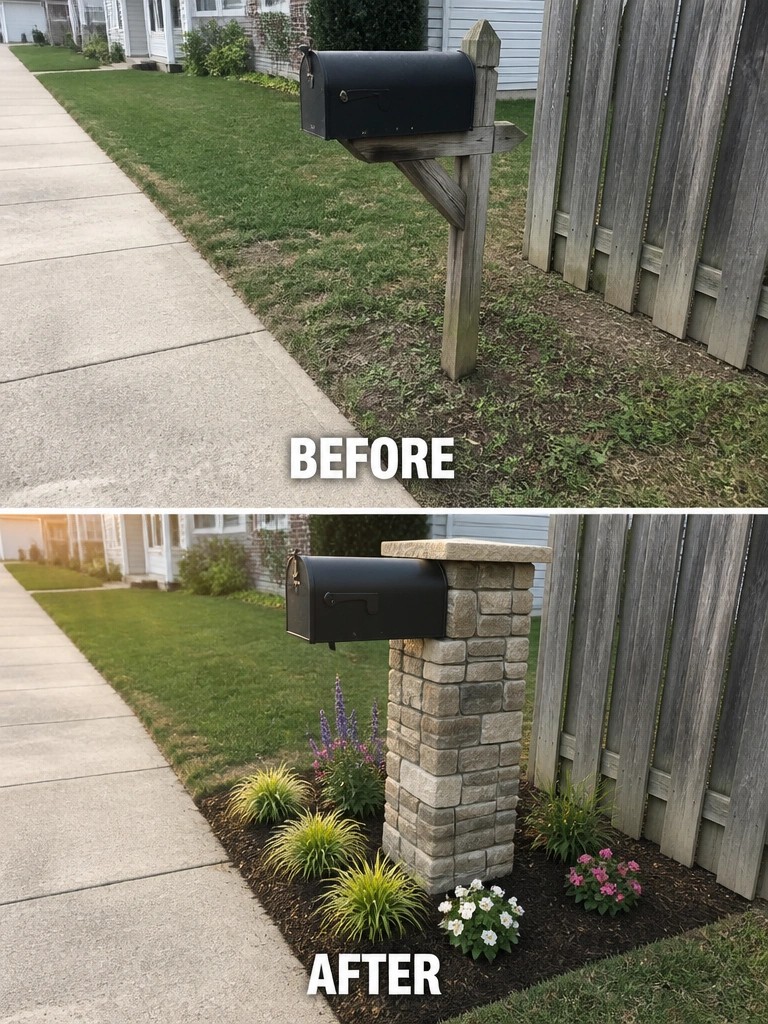 Before-and-after view of black mailbox on wooden post vs stone pillar with flowers