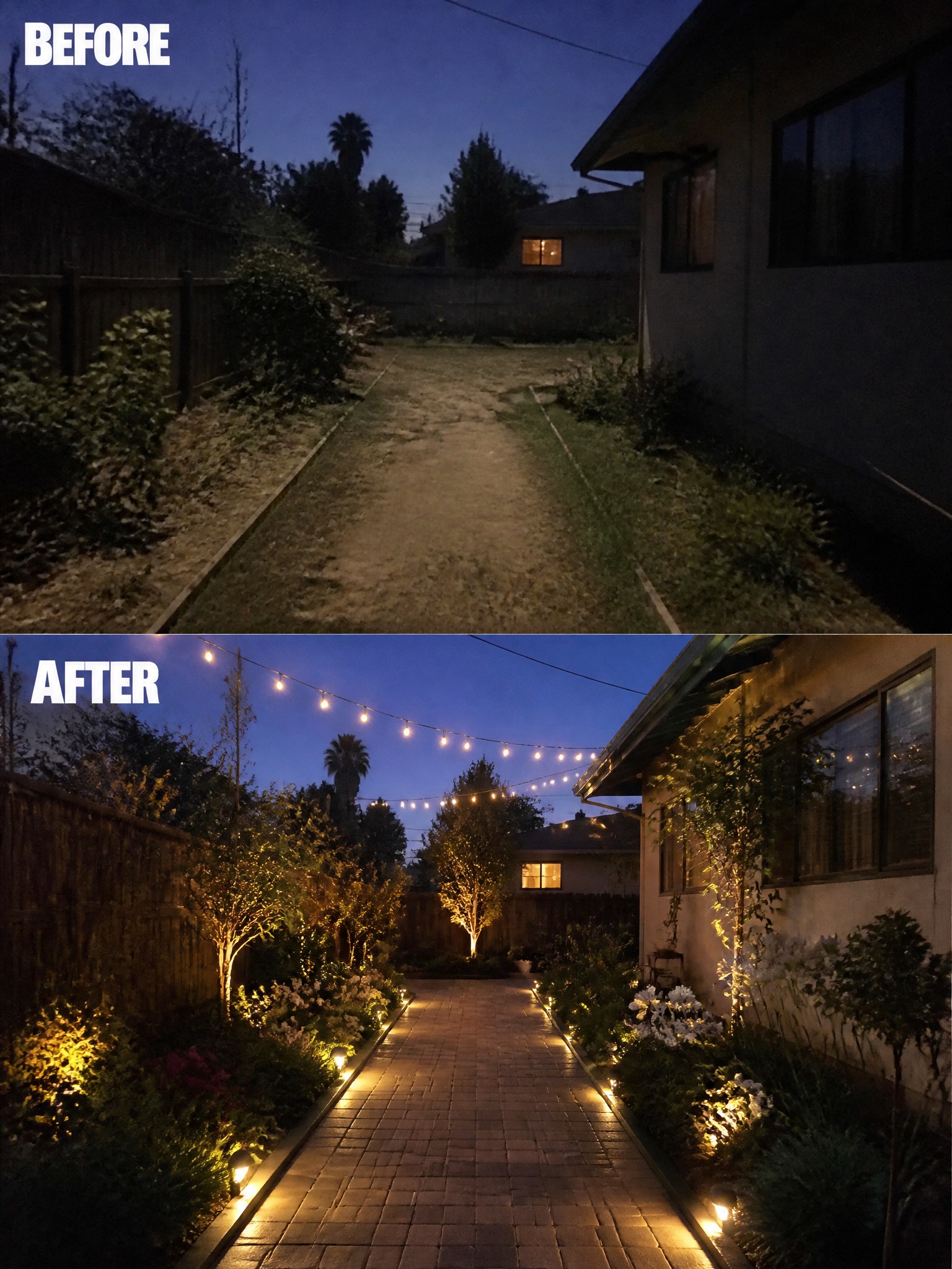 Before-and-after image of an overgrown backyard path changed into a paved walkway with planted borders and lighting.