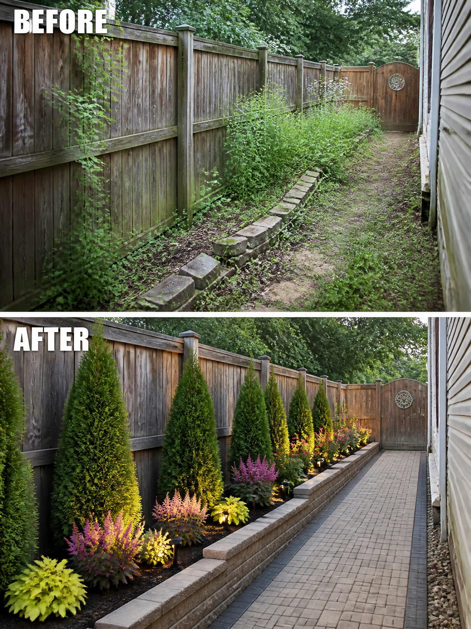 Before-and-after transformation of a garden path, featuring lush greenery and vibrant plants.