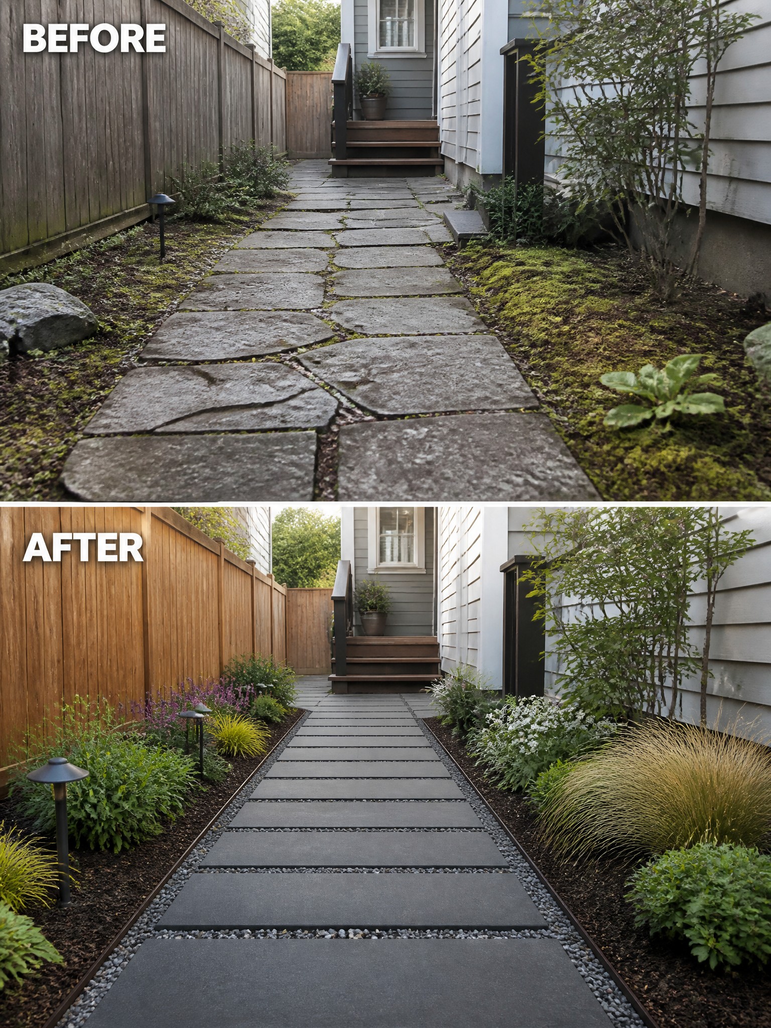 Before-and-after image of an overgrown side yard path transformed with uniform pavers, gravel edging, and organized garden beds.