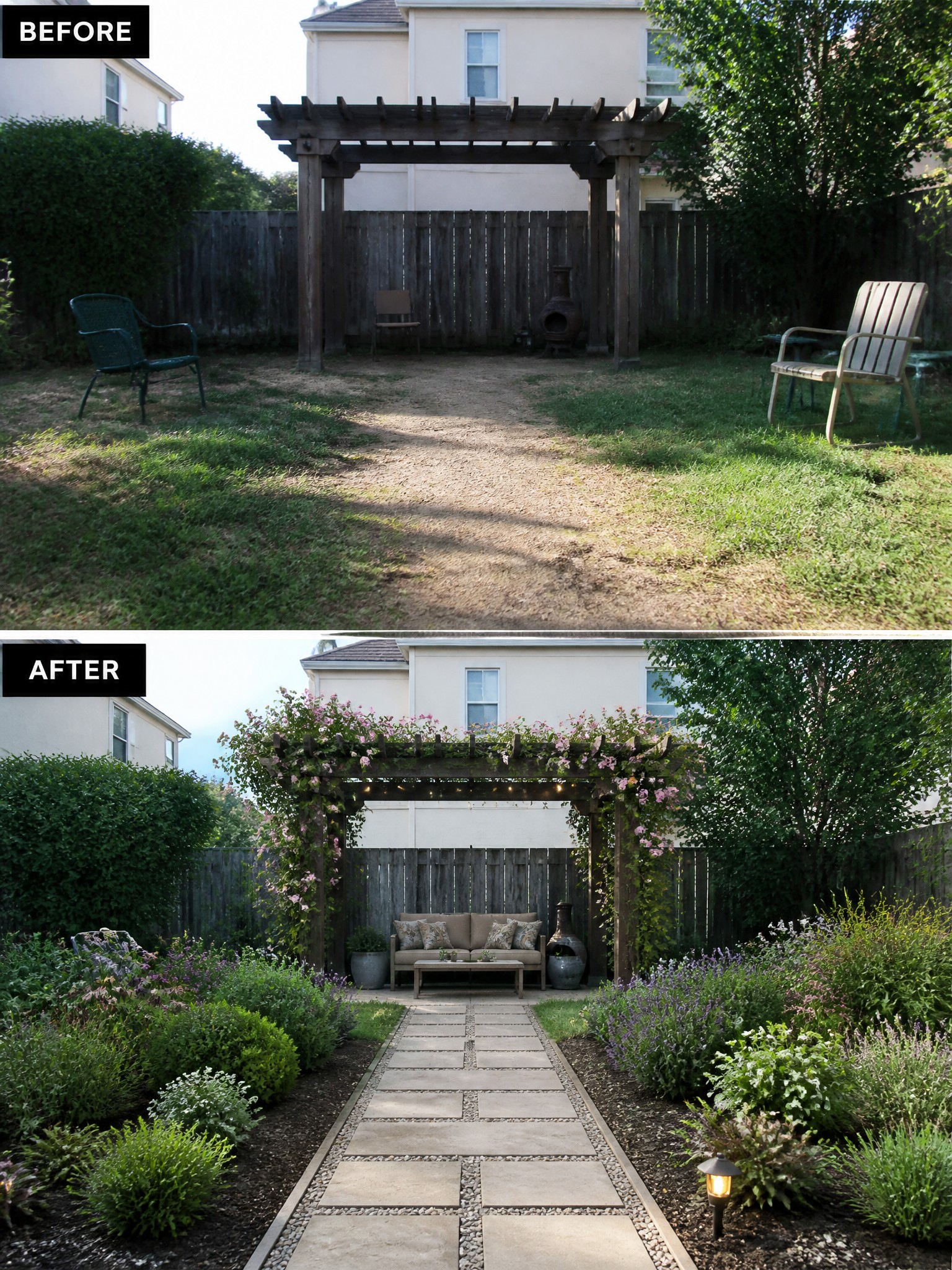 Before and after garden transformation featuring a pergola, seating area, and lush greenery.