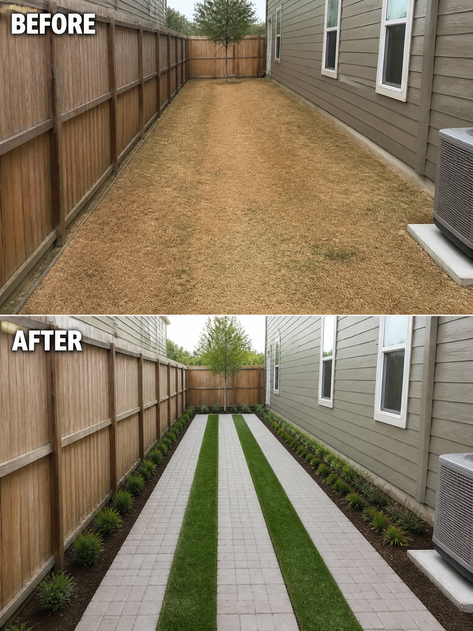 Before-and-after image of a bare dirt backyard changed into a paved walkway with grass strips and planted borders along both sides.