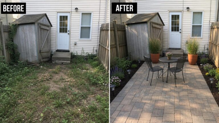 24 Inspiring Backyard Remodel Ideas With Pavers and Plants Before-and-after image of an overgrown backyard changed into a paved patio with seating, potted plants, and outdoor lighting.