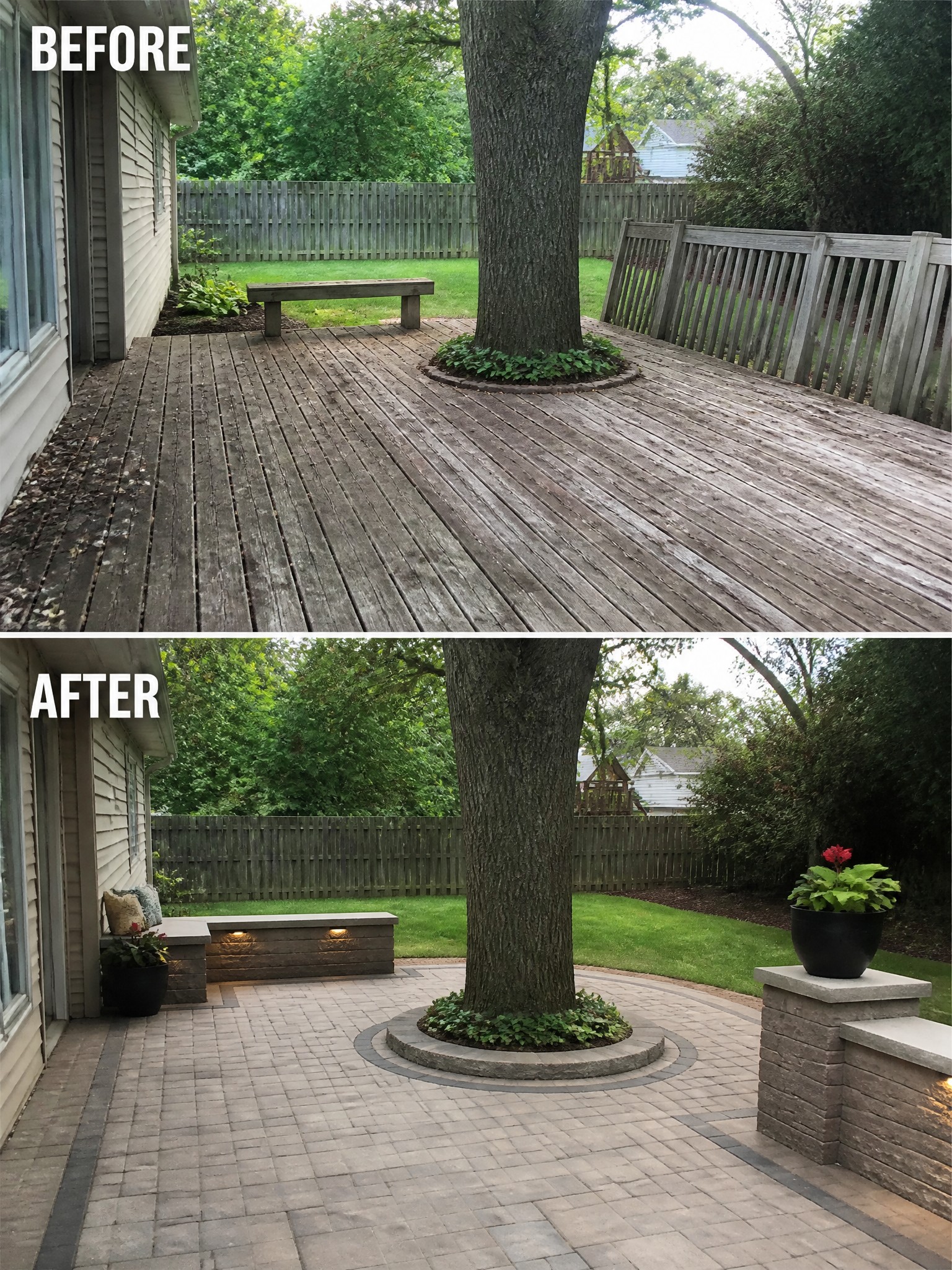 Before and after view of a backyard patio renovation with a tree and stone features.