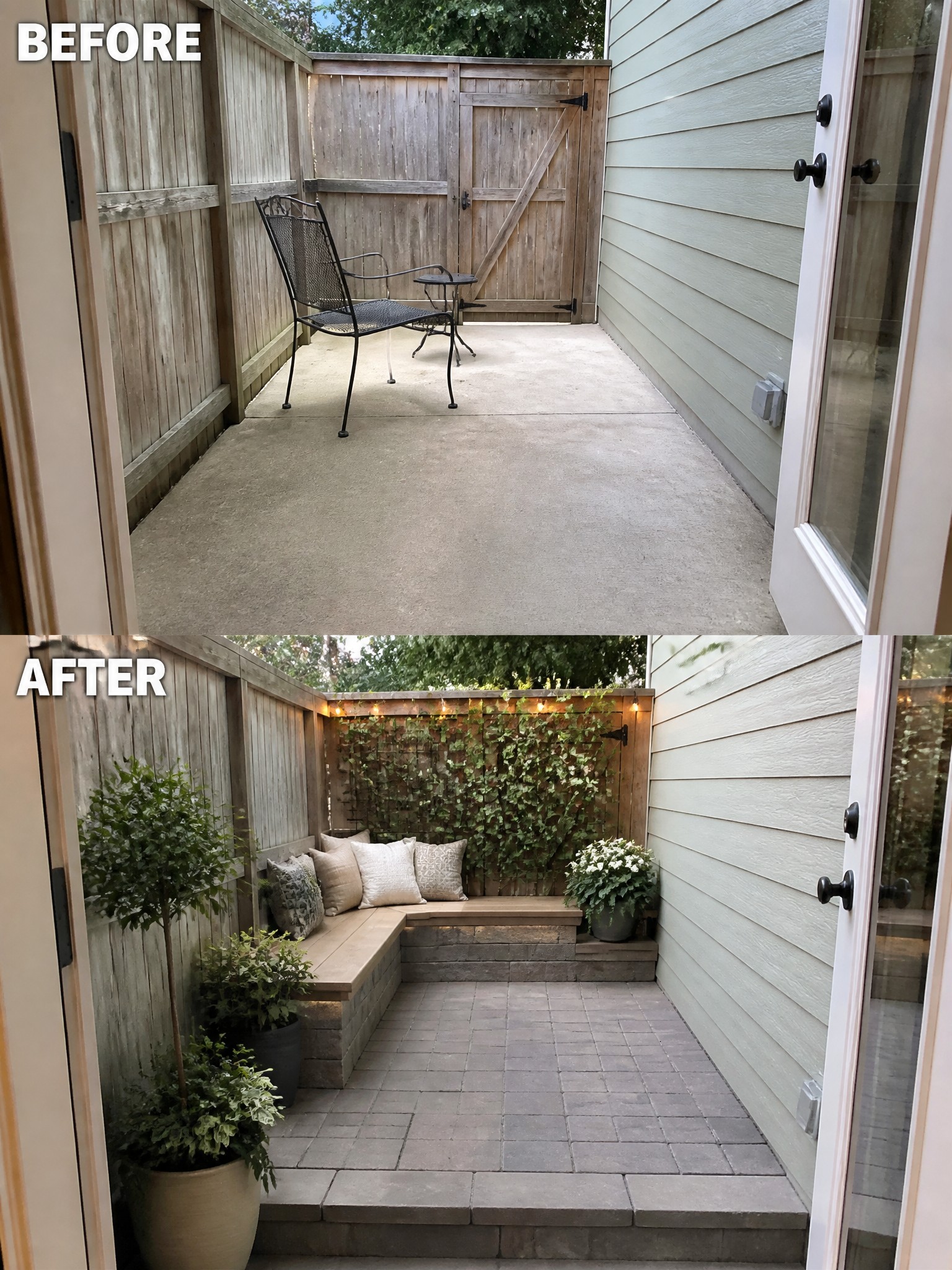 Before-and-after image of a bare concrete patio transformed into a paved seating area with built-in benches, cushions, pavers, and plants.