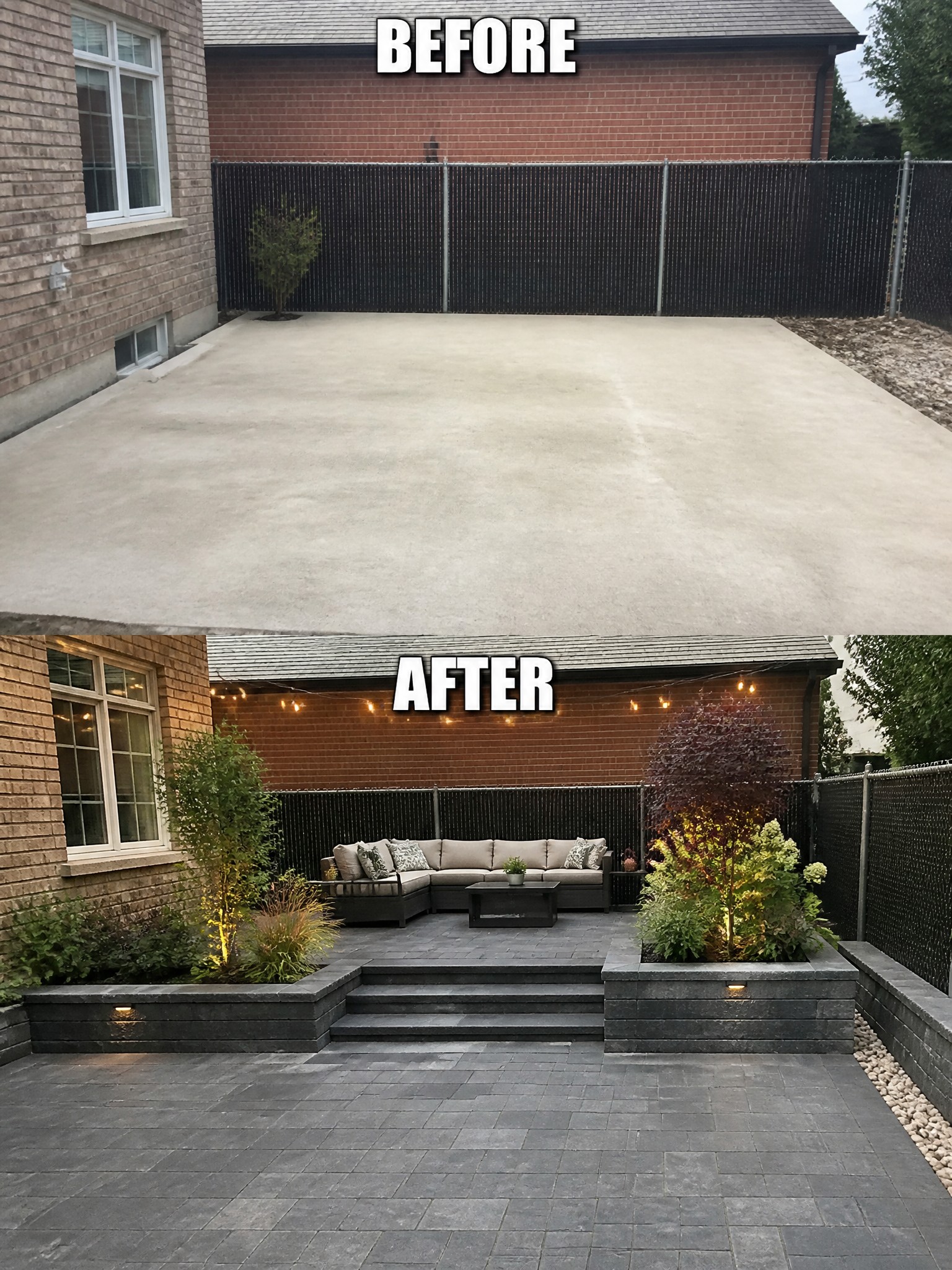 Before-and-after image of a bare concrete backyard changed into a paved patio with an outdoor sectional, raised planters, and string lights.