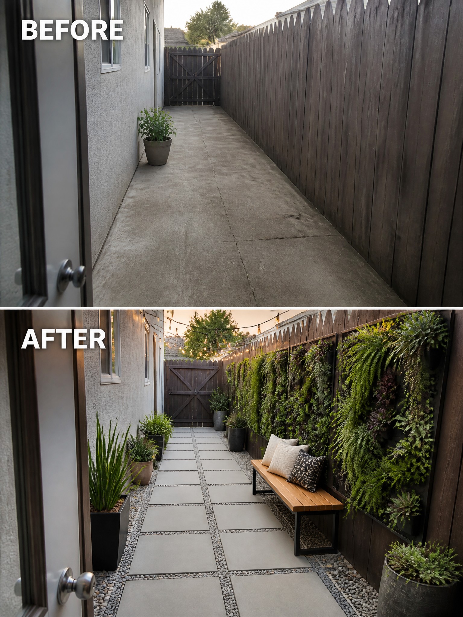 Before and after transformation of a narrow outdoor hallway with plants and seating.