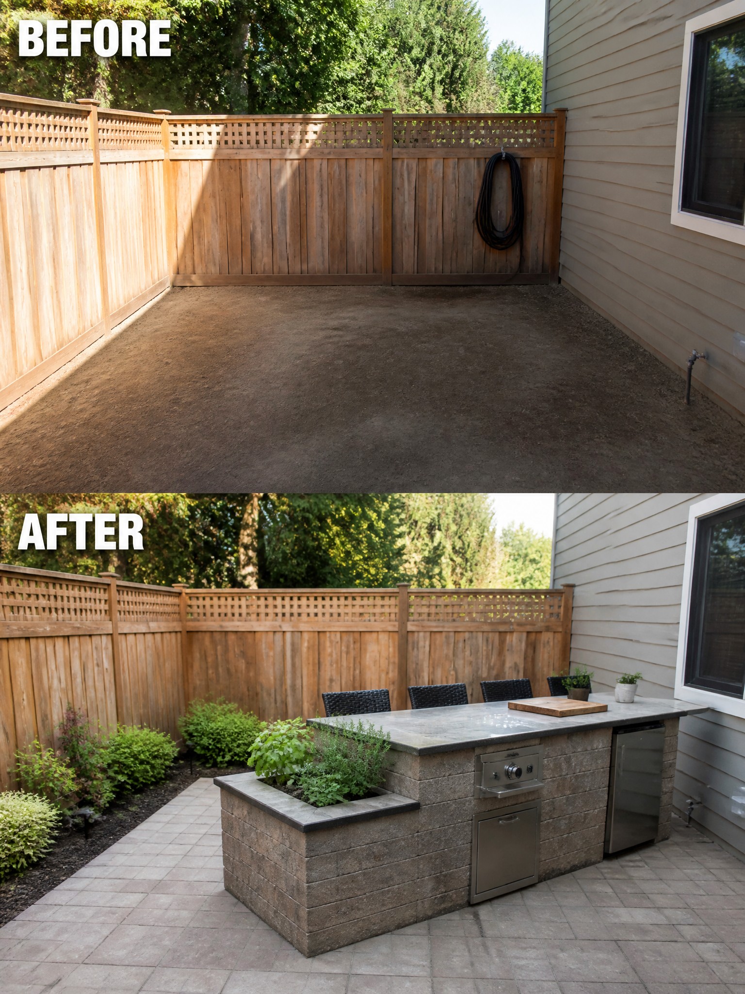 Transformed outdoor space featuring a stone kitchen and dining area surrounded by greenery.