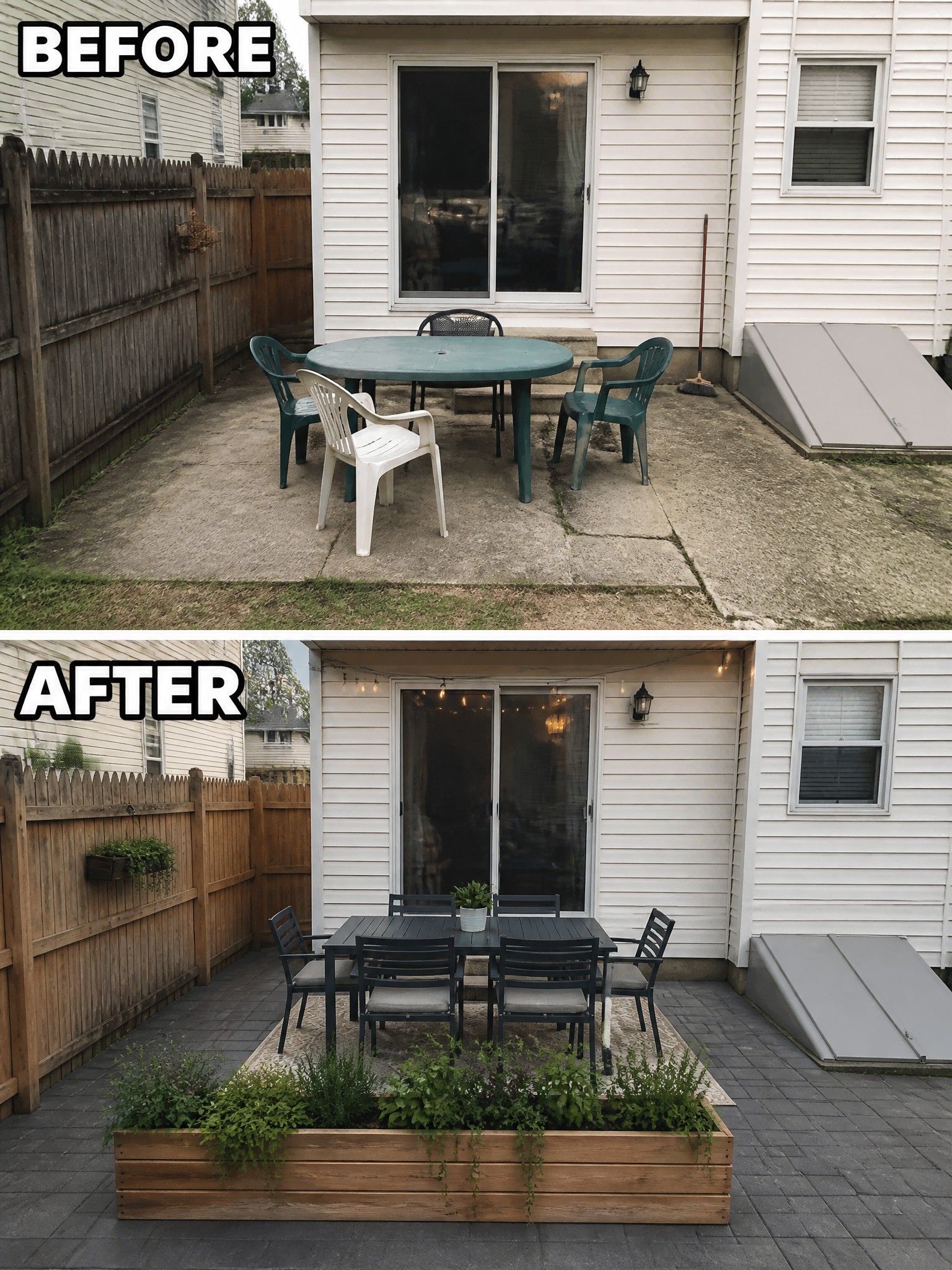 Before and after patio transformation: old furniture replaced with modern table, chairs, and plants.