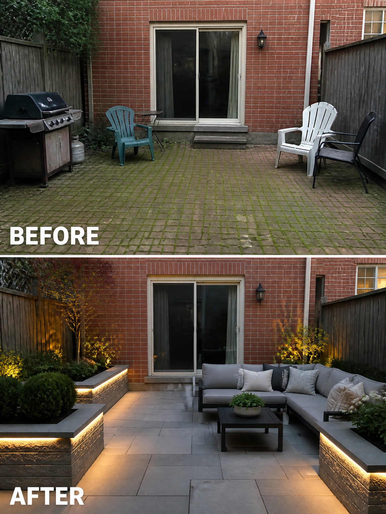 Before-and-after image of a mossy brick patio transformed into a clean paved outdoor seating area with gray tiles, built-in planters, and a sectional sofa.