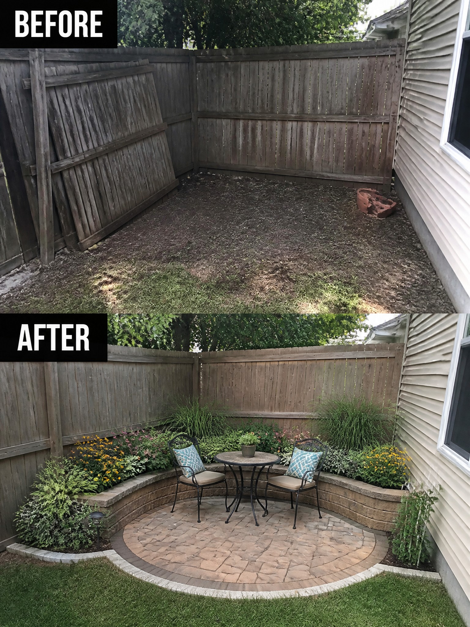 Before-and-after transformation of a corner garden with flowers, seating, and stone paving.