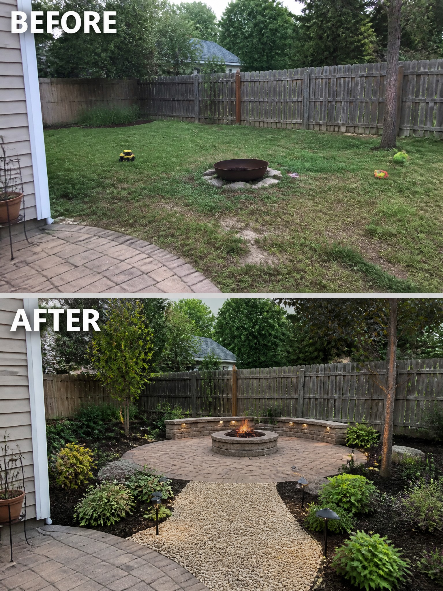 Before and after garden transformation featuring a fire pit, pathway, and plants.