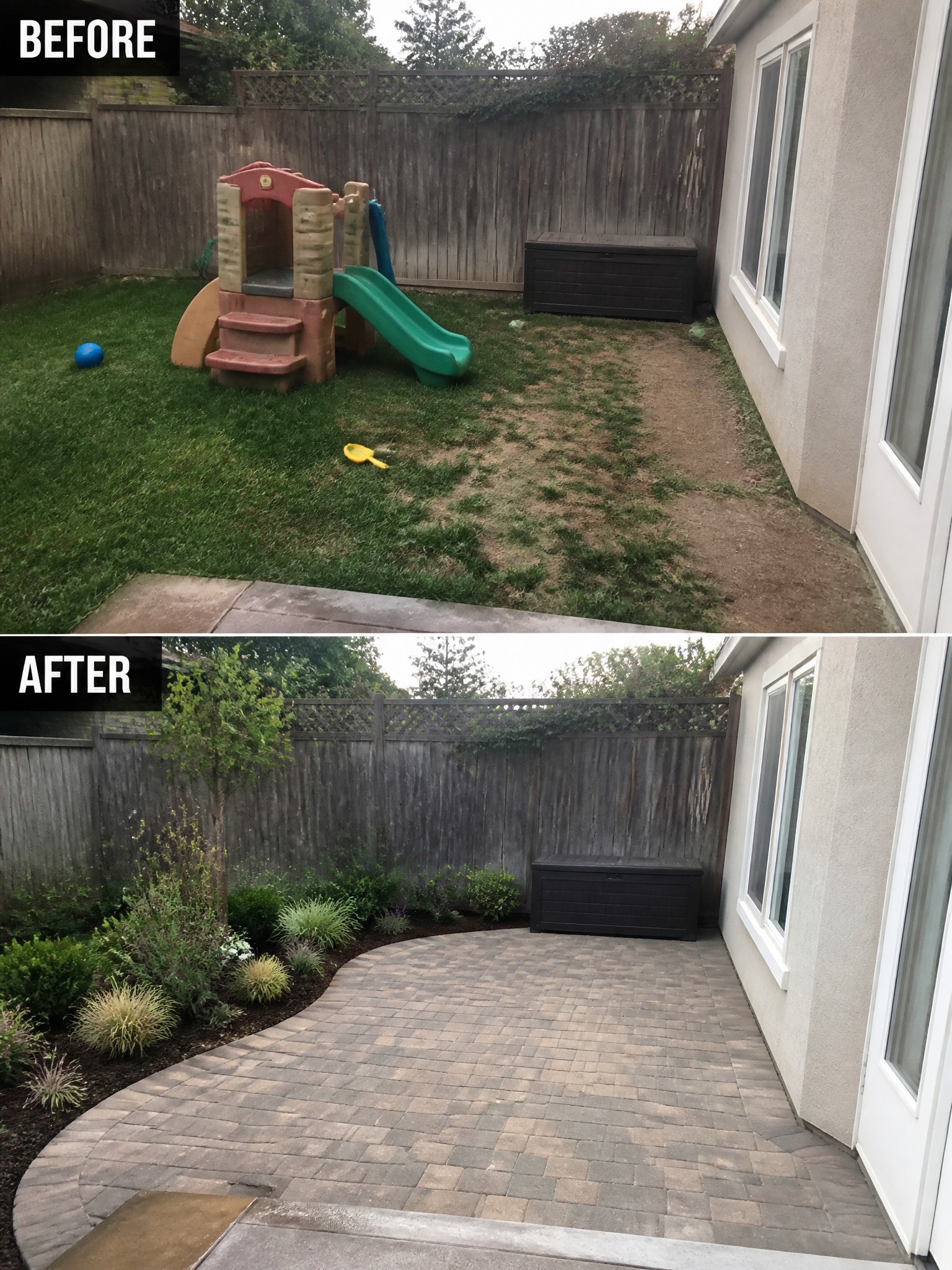 Before and after transformation of a backyard, featuring a playset and new pavers.