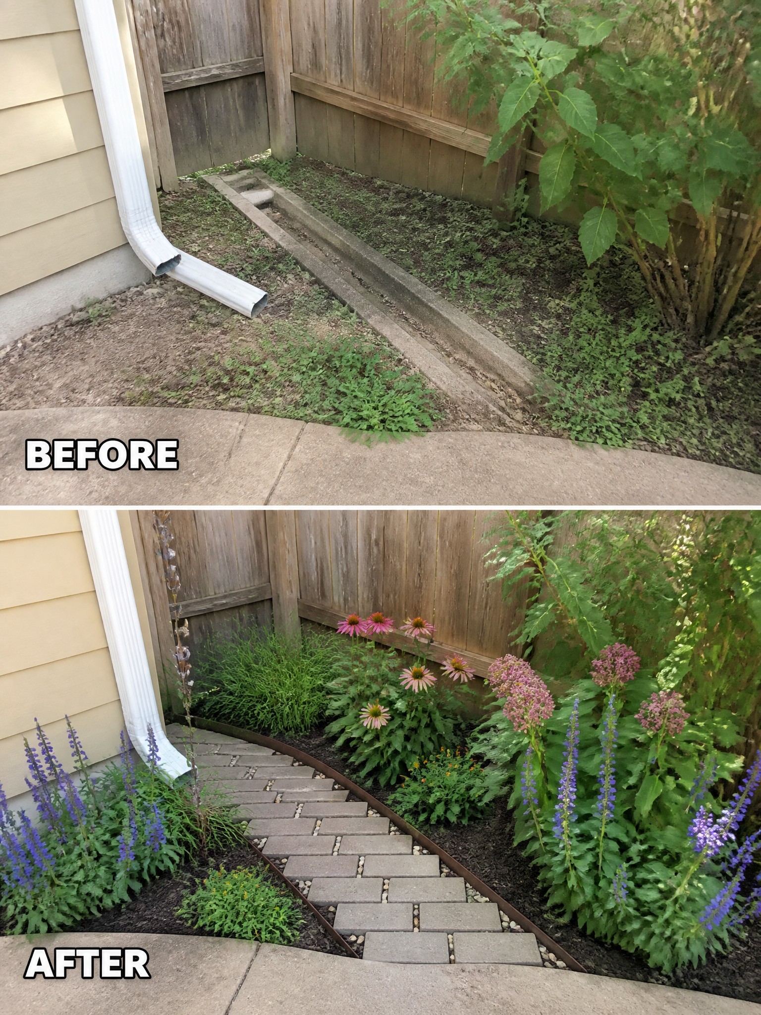 Transformed garden area with a pathway and vibrant flowers, before and after comparison.