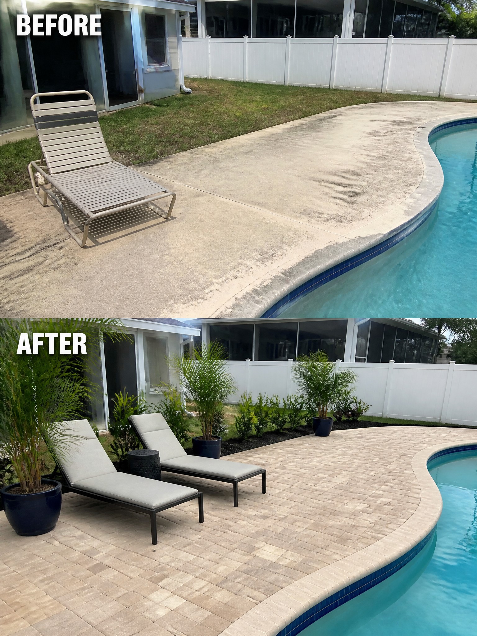 Before and after of a pool area, featuring concrete versus new paver stones and loungers.