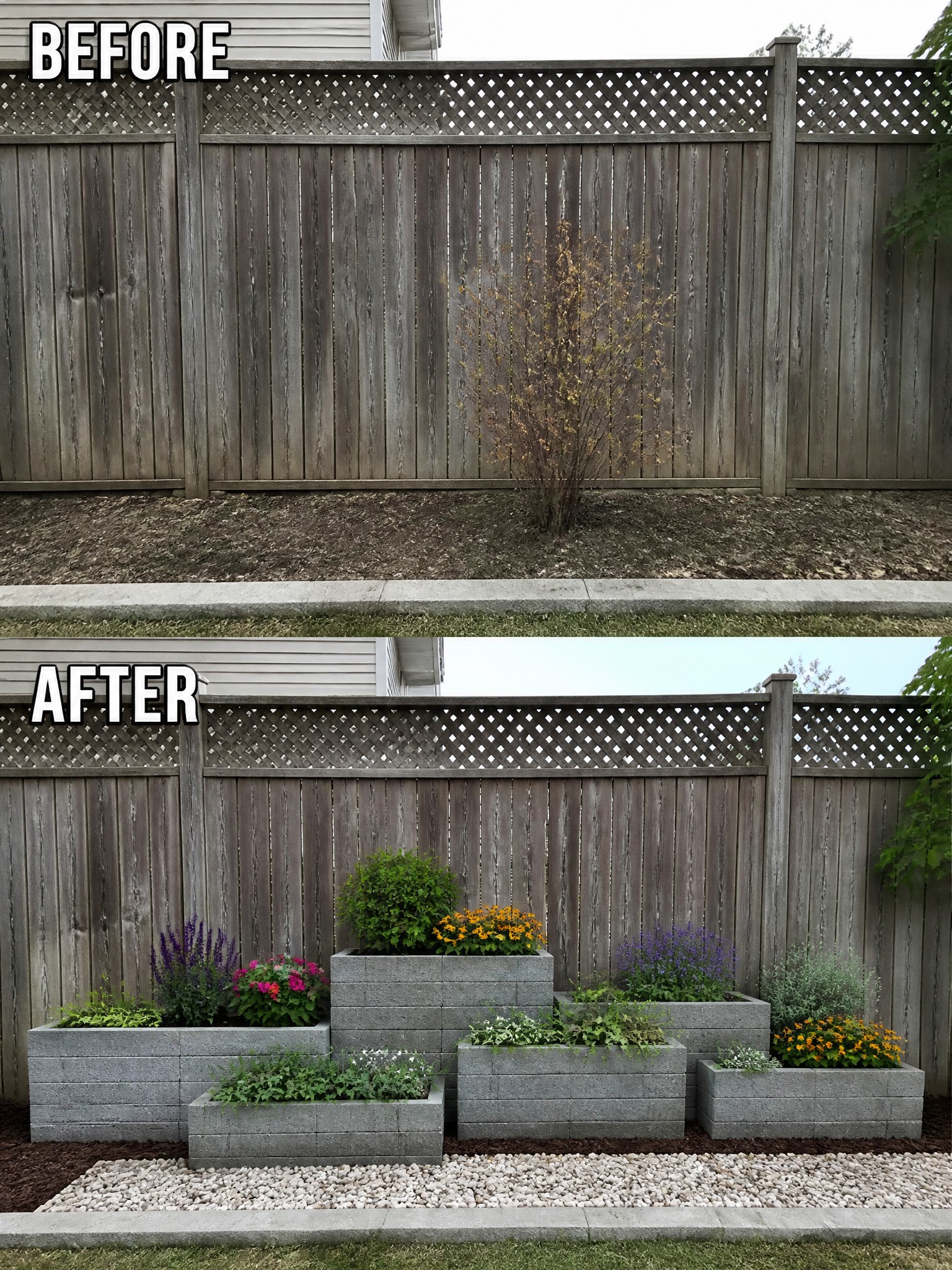 Before: barren patch by a wooden fence. After: vibrant raised garden beds with colorful flowers.