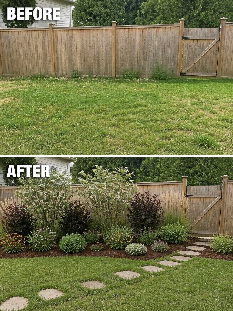 Before and after of backyard lawn transformed into colorful garden with path