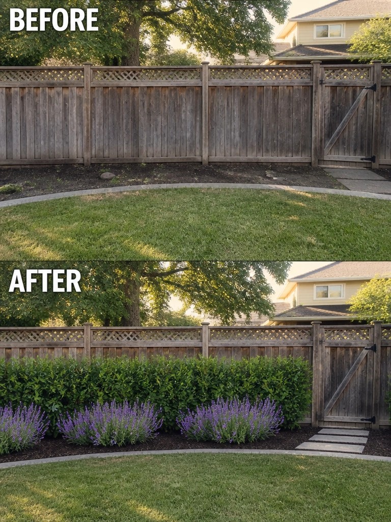Before and after of wooden fence with added green hedges and purple lavender plants