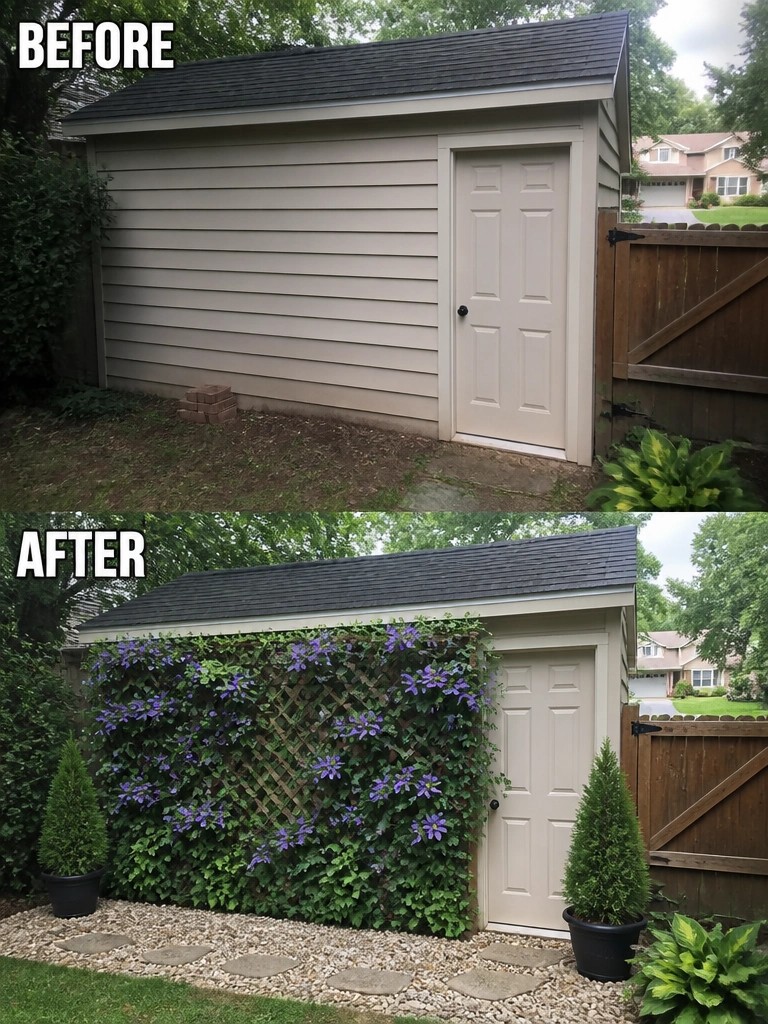 Before-and-after image of a plain shed wall transformed by adding a trellis covered in green vines and purple flowers, plus potted evergreens and gravel ground cover.
