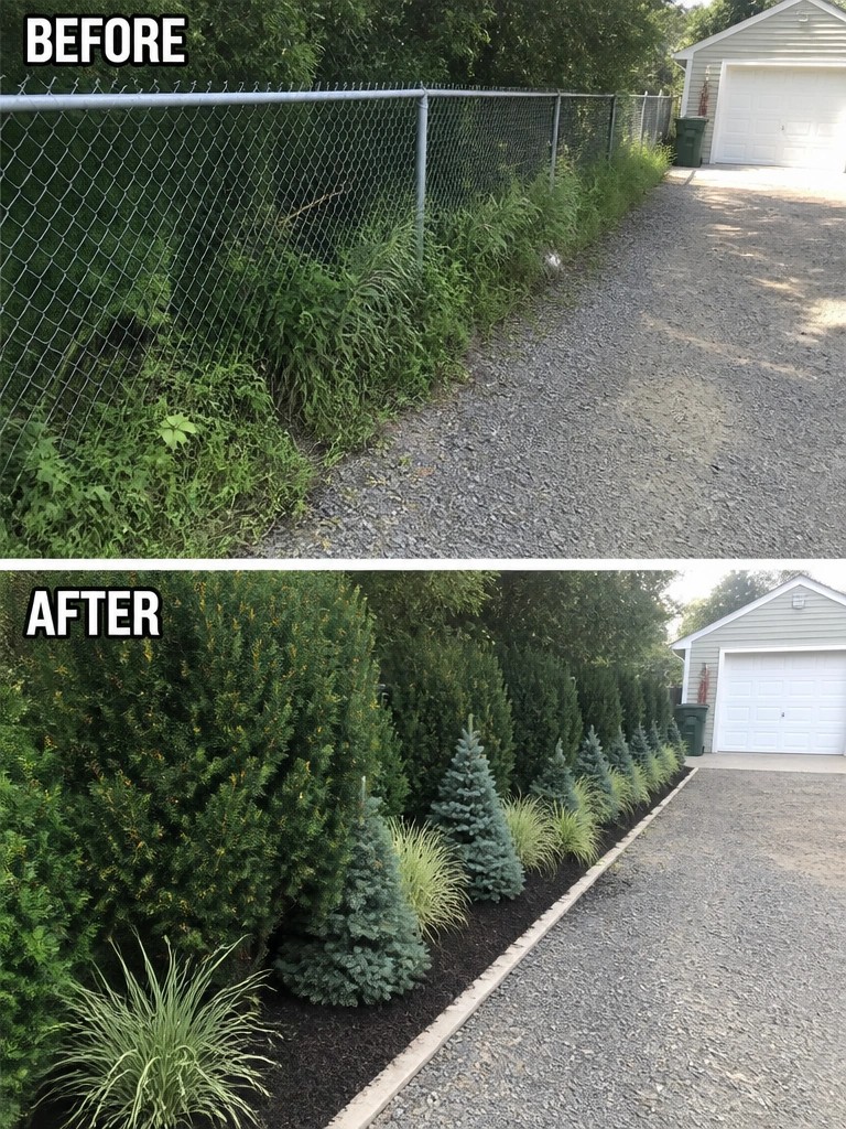 Before and after of overgrown chain-link fence transformed into landscaped shrubs and trees along driveway.