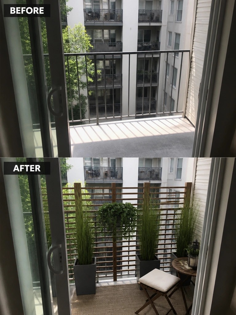 Before-and-after image of an open balcony transformed into a private seating area with potted tall grasses, a wooden screen, and simple outdoor furniture.