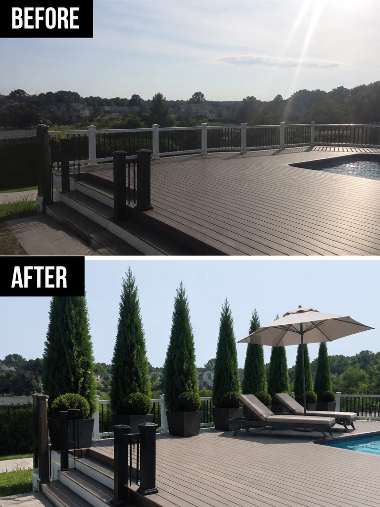 Before-and-after deck views with added potted trees, chairs, and umbrella